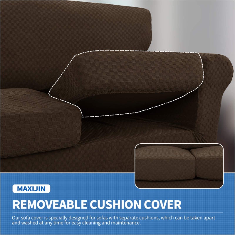 MAXIJIN 4 Piece Couch Covers for 3 Cushion Couch Super Stretch Non Slip Couch Cover for Dogs Pet Friendly Elastic Jacquard Furniture Protector Sofa Slipcovers (Sofa, Dark Coffee) - Image 3